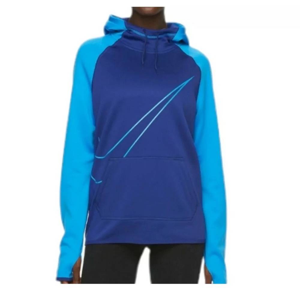 Nike Dri-Fit Colorblock Swoosh Hooded Pocket Sweatshirt Sz L Navy Blue/ Royal